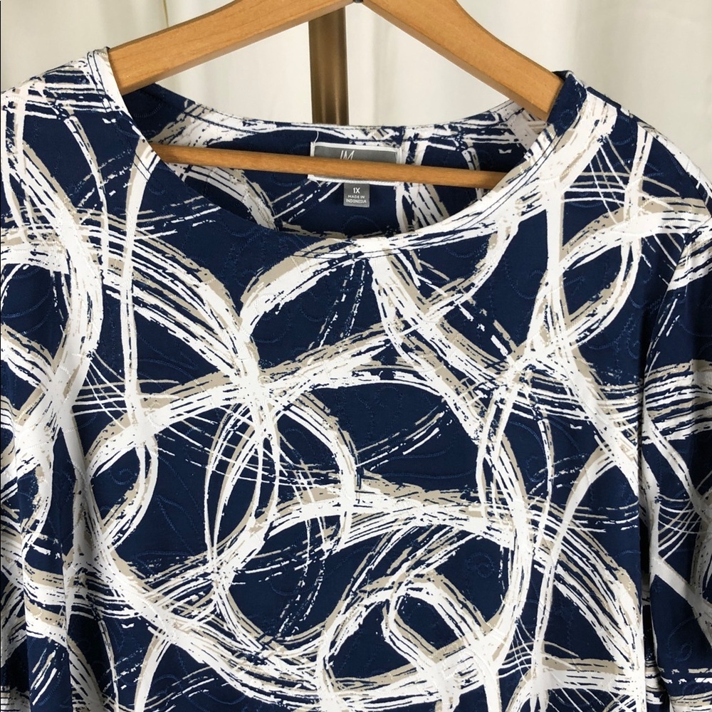 JM Collection Navy and White Circle Print Top Sz 1X (V1) - Picture 3 of 8